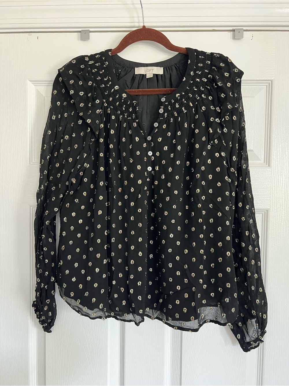 LOFT Black Blouse with Cream Floral Dots